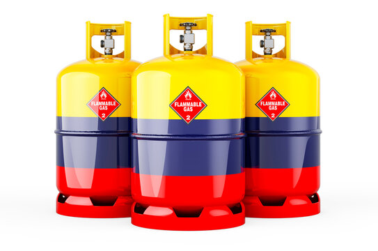 Colombian flag painted on the propane cylinders with compressed gas, 3D rendering