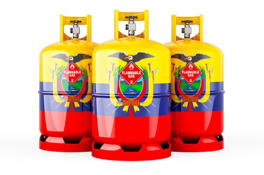 Ecuadorian flag painted on the propane cylinders with compressed gas, 3D rendering