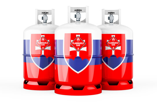 Slovak flag painted on the propane cylinders with compressed gas, 3D rendering