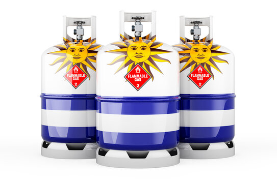 Uruguayan flag painted on the propane cylinders with compressed gas, 3D rendering