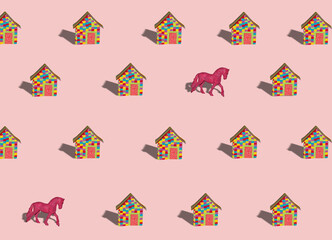 pattern house colorful and pink horse on a pastel pink background with shadows, break the pattern