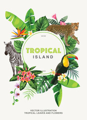 Tropical Hawaiian card template with birds, animals, palm leaves and exotic flowers. Summer design. Vector illustration.