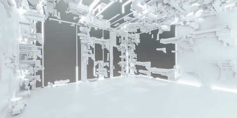 bright white modern futuristic technology wasteland building interior 3d render illustration