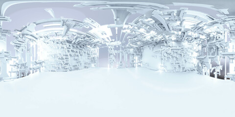 360 degree full panorama environment map of bright white modern futuristic technology wasteland building interior. 3d render illustration