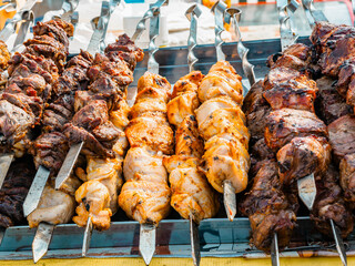 Cooking shashlik on a metal skewer and grilled vegetables. Grilled meat and vegetables. Delicious street food.