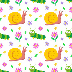 Seamless pattern with snail, caterpillar and flowers. 