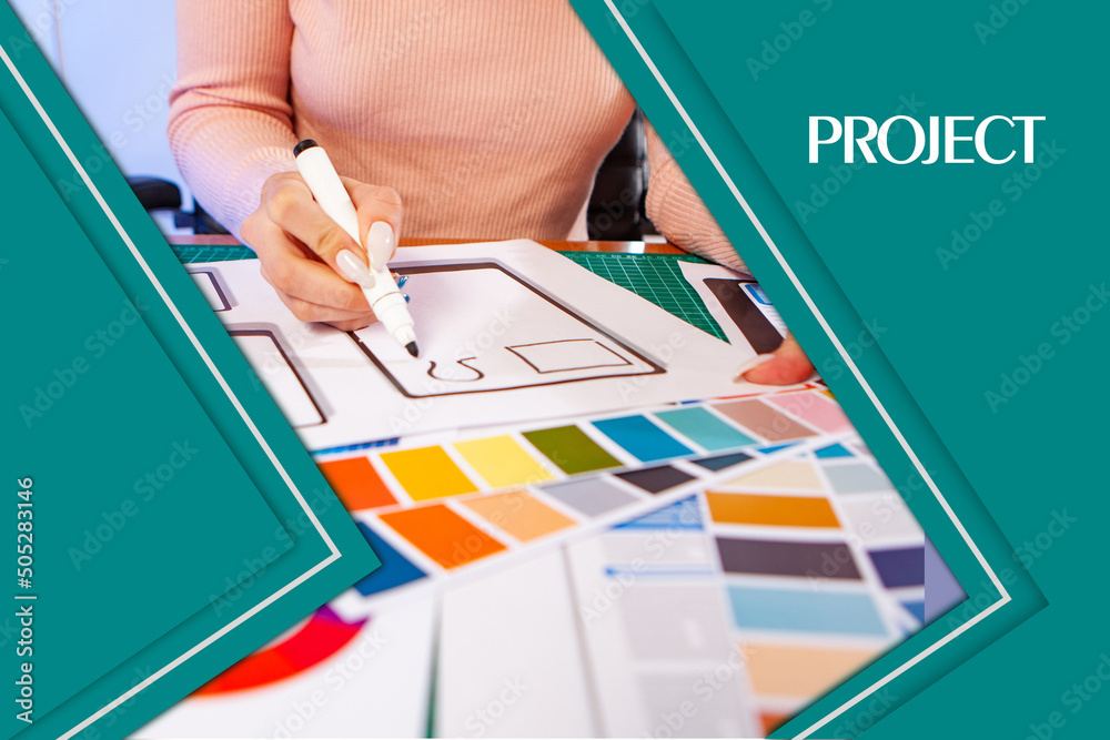 Poster application interface project. person draws application interface. designer draws design mobile appl