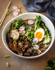 Mushroom Ramen with one Egg, Bok Choy and Radishes