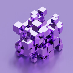 random violet metallic abstract geometric shape cube blocks 3d render illustration