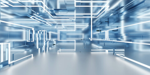 Fototapeta premium blue studio futuristic light interior with metallic reflections 3d render illustration