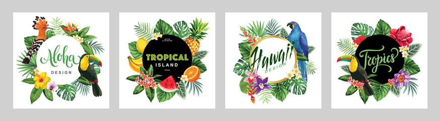 Tropical Hawaiian card template with palm leaves and exotic flowers. Summer design. Vector illustration. - obrazy, fototapety, plakaty