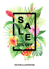 Tropical Hawaiian card template with palm leaves and exotic flowers. Summer design. Vector illustration.