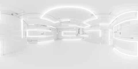 360 degree full panorama environment map of bright white studio futuristic light interior with metallic reflections 3d render illustration hdri hdr vr virtual reality - obrazy, fototapety, plakaty