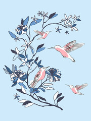 Cute birds on a branch with flowers vector illustration. Design for wrapping paper, fabric, t-shirt design, card, invitation 