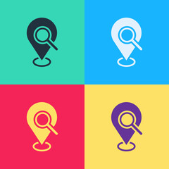 Pop art Search location icon isolated on color background. Magnifying glass with pointer sign. Vector