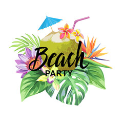 Tropical Hawaiian flyer with summer cocktails, fruits, palm leaves and exotic flowers. Vector illustration.