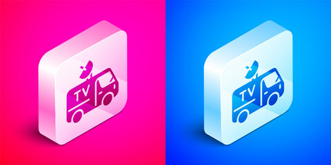 Isometric TV News car with equipment on the roof icon isolated on pink and blue background. Silver square button. Vector