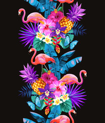 Tropical seamless vertical border with palm leaves, exotic flowers and birds. Vector illustration. © Anna Sm