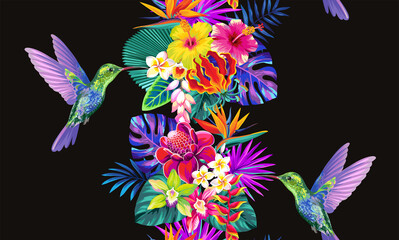 Tropical seamless vertical border with palm leaves, exotic flowers and birds. Vector illustration. © Anna Sm
