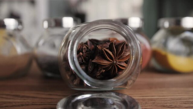Spices star anise close-up, Middle eastern and arabian culture. Seasoning and flavors. Pepper, coriander, paprika, cumin. Different kinds of dry herbs for cooking. 