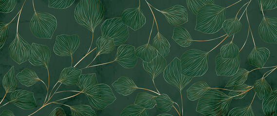 Leaves in gold line art hand drawing on a green background. Abstract botanical pattern with leaf for decor, wallpaper, wall, packaging, fabric - obrazy, fototapety, plakaty