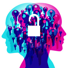 A Male and Female side silhouette profile overlaid with various blending semi-transparent key shapes. Centrally overlaid is a solid white “OPEN” Padlock icon.