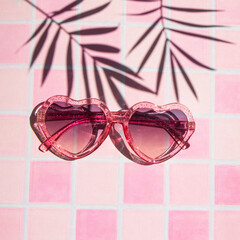 Sunglasses and palm leaves shadow on pink mosaic tiles. Minimalistic summer concept. Sunny day composition.