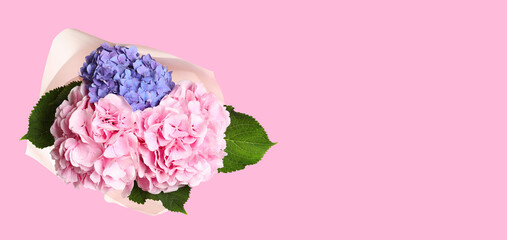 Bouquet with beautiful hortensia flowers on pink background, space for text. Banner design