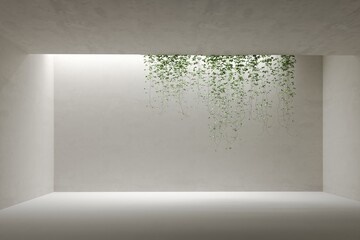 3d render minimalistic white interior, two story space with lighting and ivy plants. 3D rendering illustration mockup. Presentation space or gallery	
