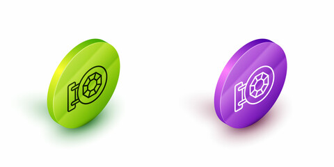 Isometric line Front facade building jewelry store icon isolated on white background. Green and purple circle buttons. Vector