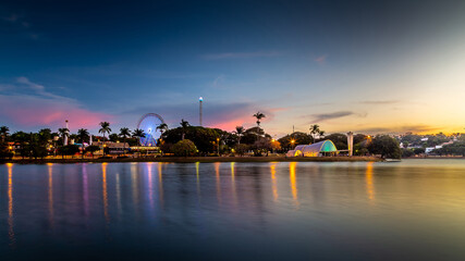 Sunset at the Pampulha lagoon, in Belo Horizonte, overlooking the Church of Sao Francisco de Assis and Guanabara Park.