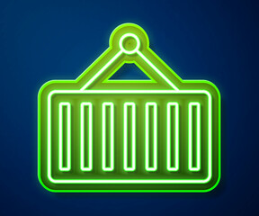 Glowing neon line Container on crane icon isolated on blue background. Crane lifts a container with cargo. Vector