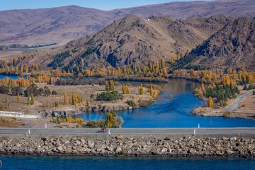 Lake Benmore and Lake Aviemore separated by Benmore Dam on a beautiful Autumn/Fall Day in New Zealand