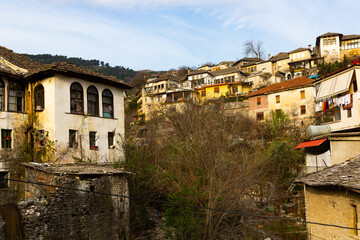 Fototapeta na wymiar Aged buildings of Albanian old town Gjirokaster. Houses of Dunavat quarter.