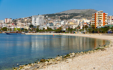 Naklejka na ściany i meble Scenic view of Saranda promenade, city and Ionian Sea, Albania