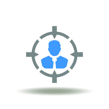 Vector illustration of aim with business man. Icon of client first. Symbol of customer focus.