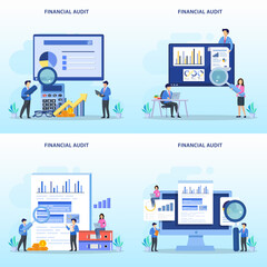 Financial audit concept. Managment calculation, financial accounting or audit tax service. vector illustration.