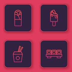 Set line Doner kebab, Asian noodles and chopsticks, Ice cream and Sushi cutting board. Blue square button. Vector