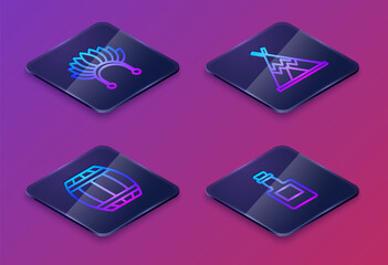 Set Isometric line Indian headdress with feathers, Gun powder barrel, teepee or wigwam and Tequila bottle. Blue square button. Vector © Oksana