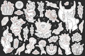 Set  hand drawn vector isolated stickers of Mysticism. Witchcraft attributes. Hands. Snake. Plants. Crystal. Black hand drawn doodle on a white background. Insects. Moon. Bone.