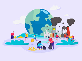 Obraz na płótnie Canvas Flat illustration, concept, banner. Volunteers help collect garbage in factories that pollute the world. is to protect the environment It makes the air good and can prevent global warming.