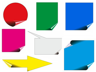 Set of colorful labels with glossy 3D corners edges. Illustration of a 3D collection of different geometric shapes, objects are blank and isolated.