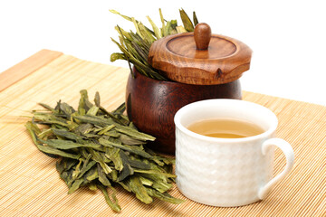 tea?cup and teapot of tea on white background