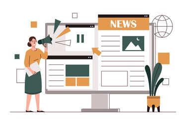 Breaking or hot news concept. Woman with megaphone or loudspeaker stands next to large computer screen and online newspaper. Dissemination of important information. Cartoon flat vector illustration - obrazy, fototapety, plakaty