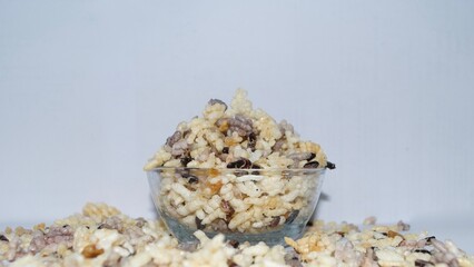 Rice Cracker in the bowl, Traditional Thai food, Street snack in Thailand called : Nangled, Khaotan, made from streamed sticky rice and deep fried.