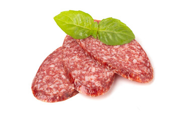 Beef Dried smoked Salami sausage sliced in close-up, isolated on a white background.