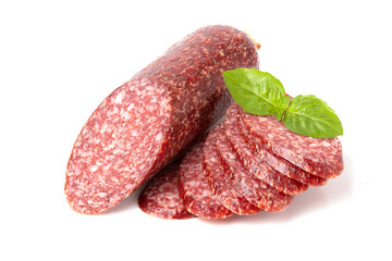 Beef Dried smoked Salami sausage, basil leaves and peppercorns, close-up, isolated on a white background.