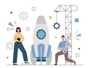 People preparing rocket. Man and girl launch start up. Metaphor for company innovation and business development, financial literacy and partnership, employees. Cartoon flat vector illustration