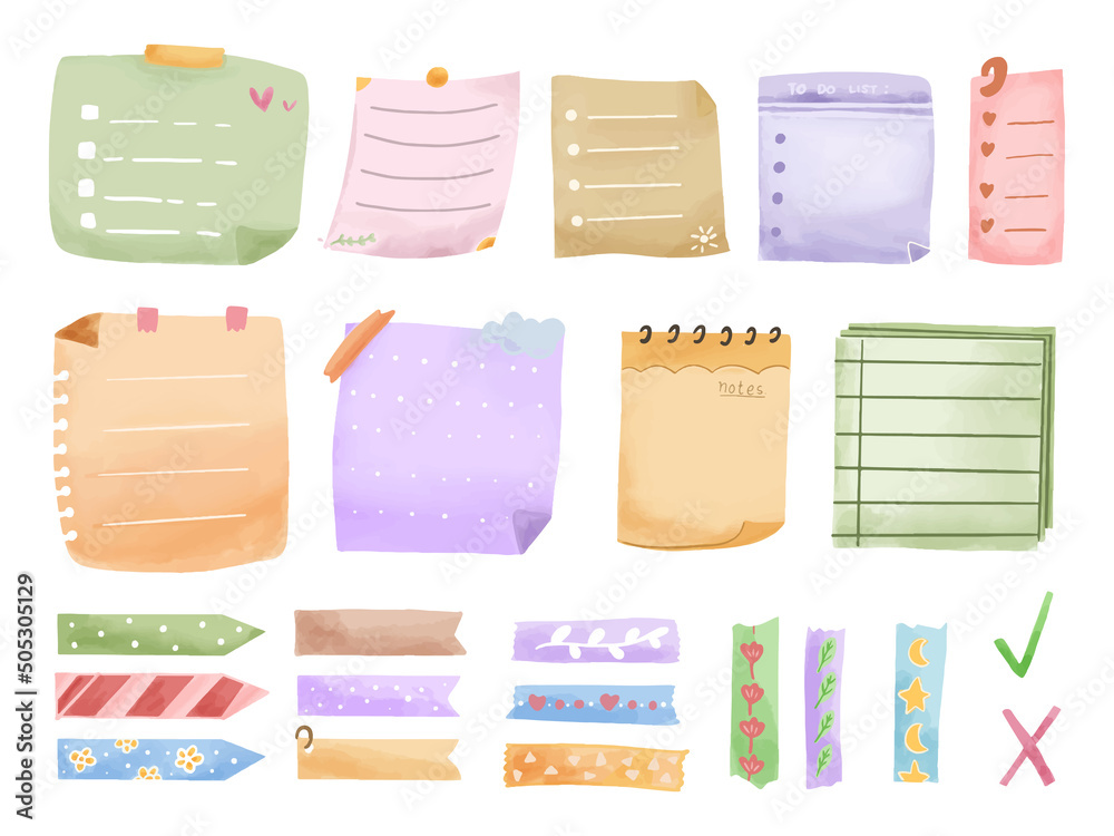 Poster bullet journal stickers, to do list sheet. digital cute sticky notes memo watercolor washi tape set