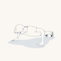 Young male workout. Sport man doing push up exercise. Casual sportwear - t-shirt, breeches and sneakers. Young man wearing workout clothes. Sport fashion boy outline in urban casual style.